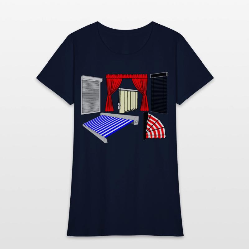 Blinds curtains red, canopies blue white striped,