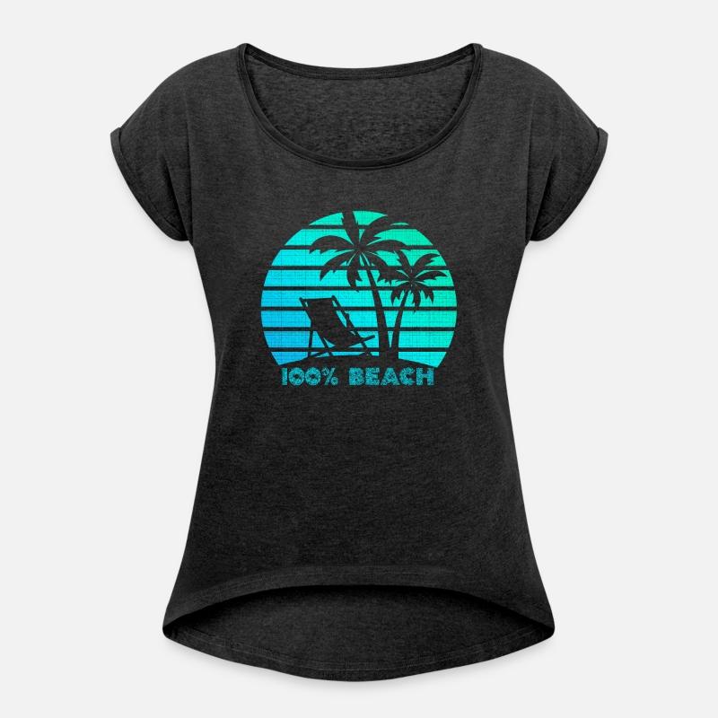 100% BEACH with palm trees and text