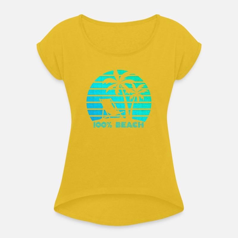 100% BEACH with palm trees and text