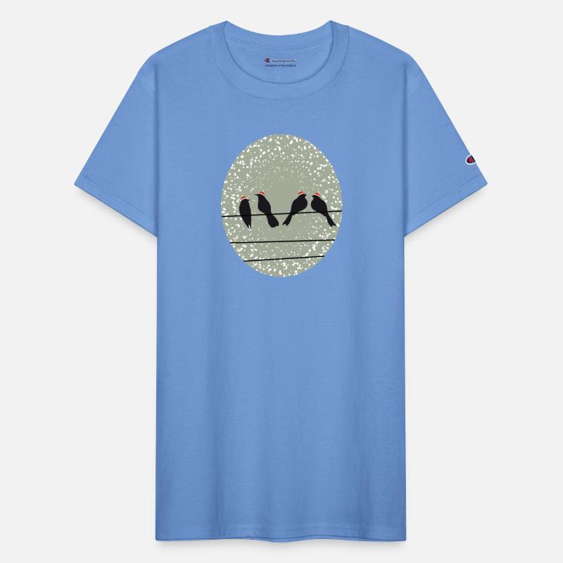 Birds on power line with Santa Christmas hats