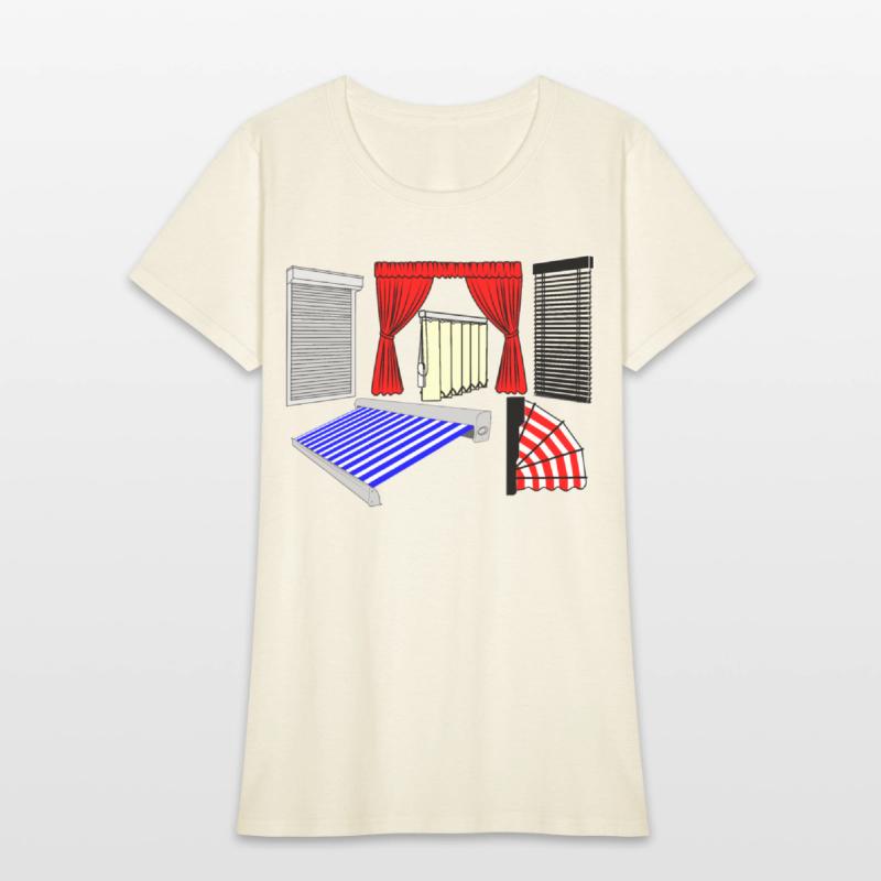 Blinds curtains red, canopies blue white striped,