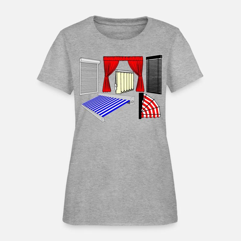 Blinds curtains red, canopies blue white striped,