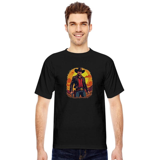 Cowboy standing at sunset with gun