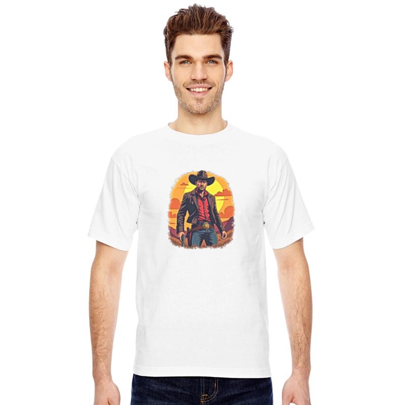 Cowboy standing at sunset with gun