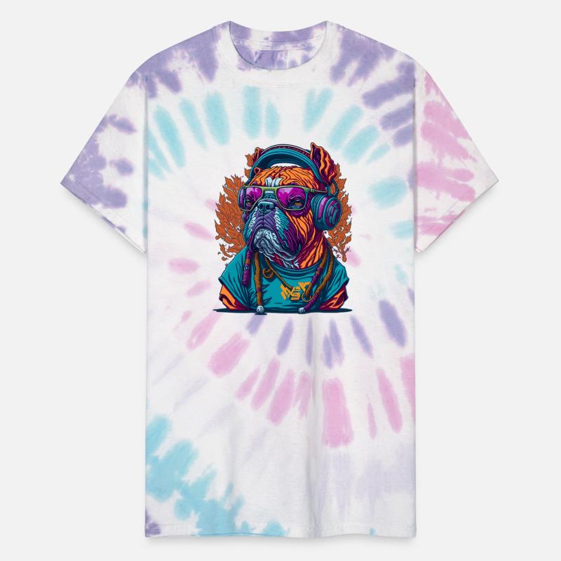 Dog as rapper, wearing headphones