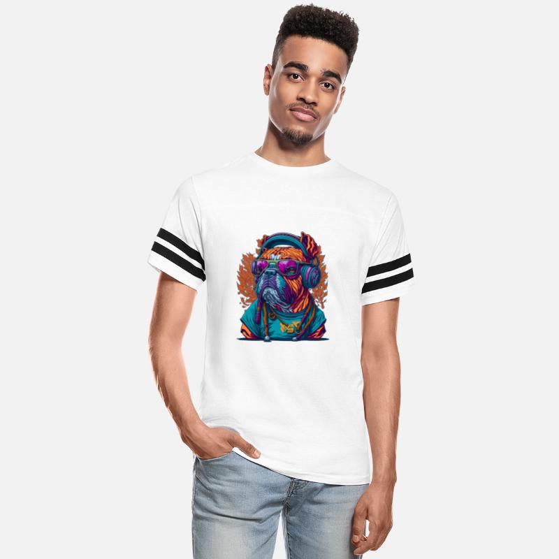 Dog as rapper, wearing headphones