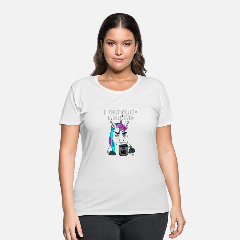 Grumpy funny unicorn with coffee mug like morning
