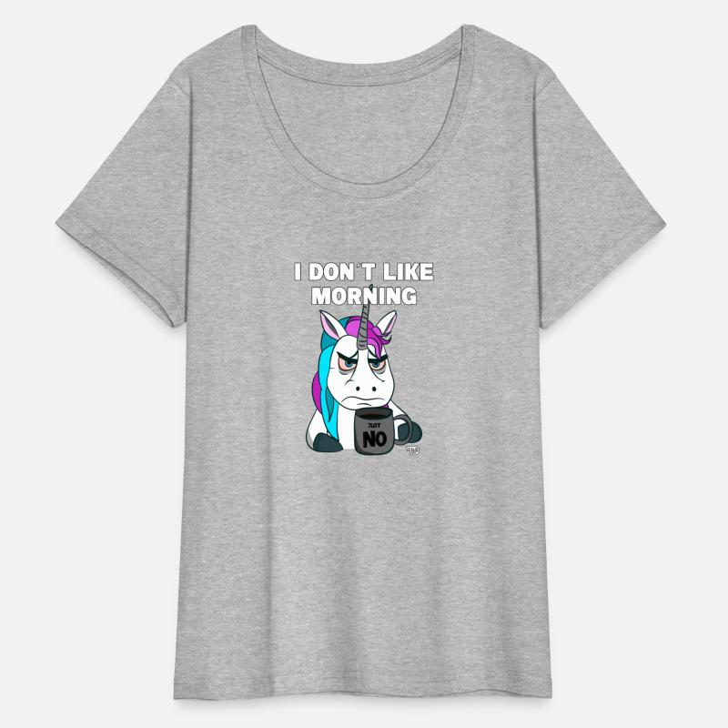 Grumpy funny unicorn with coffee mug like morning