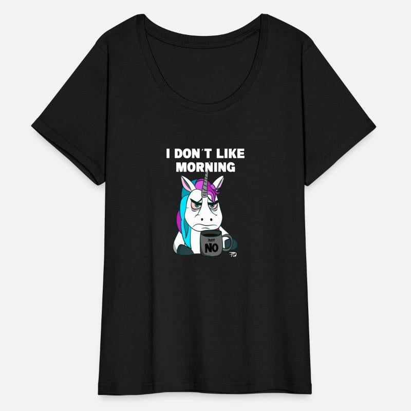 Grumpy funny unicorn with coffee mug like morning