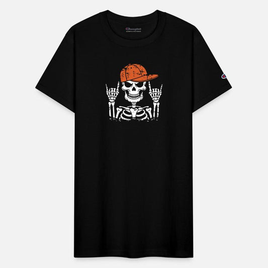 Rock Music Skeleton Orange Cap and Hand Gesture