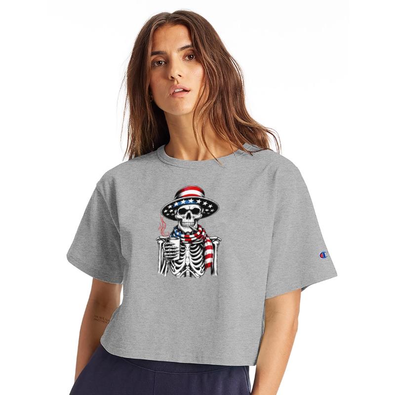 Skeleton holding coffee smoking cigarette Usa flag