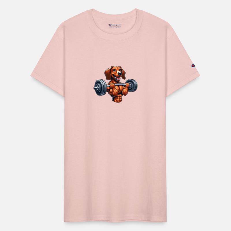 Sporty Dachshund weightlifter dumbbell workout dog