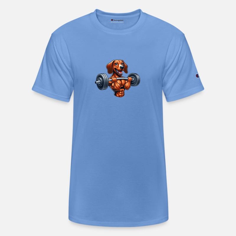 Sporty Dachshund weightlifter dumbbell workout dog