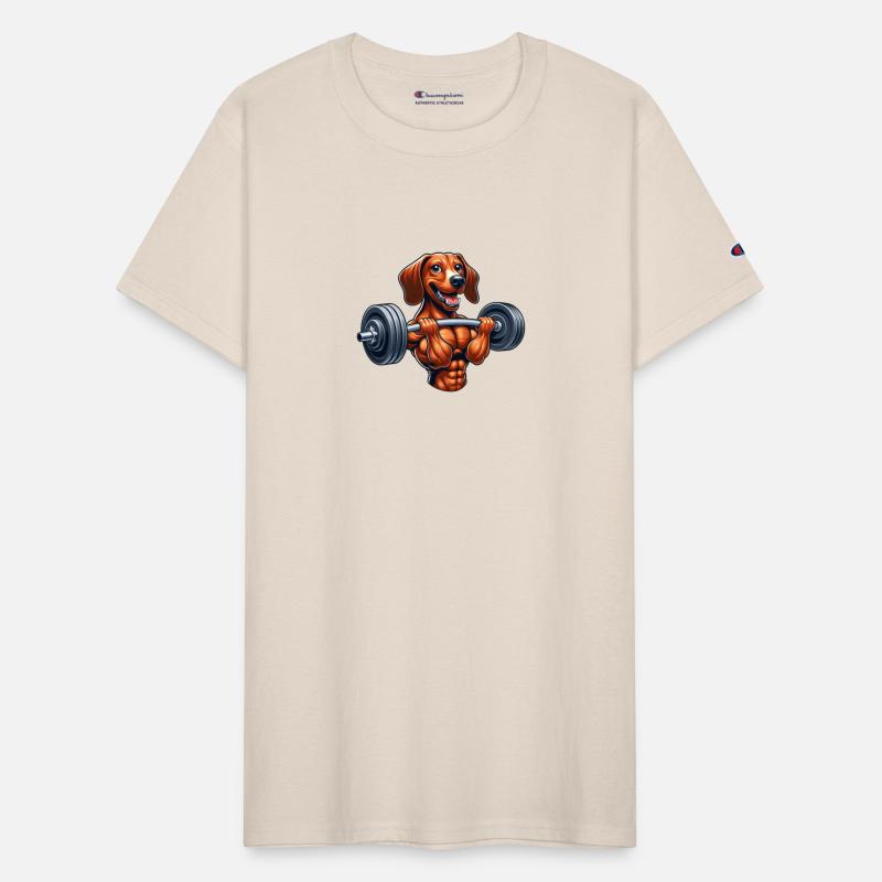 Sporty Dachshund weightlifter dumbbell workout dog