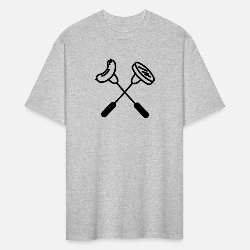 Two crossed forks with sausage and hamburger