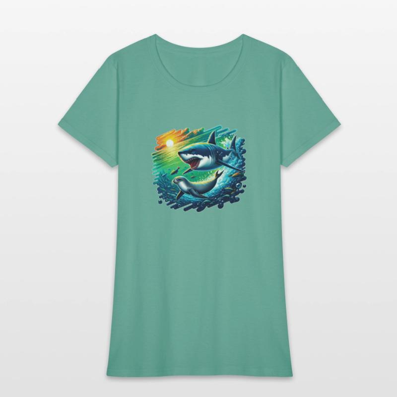 Vibrant underwater scene of a fierce shark